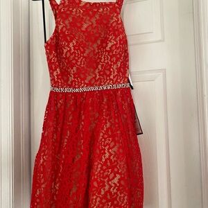 Macy's Red Lace Sleeveless Dress with Beaded Waist